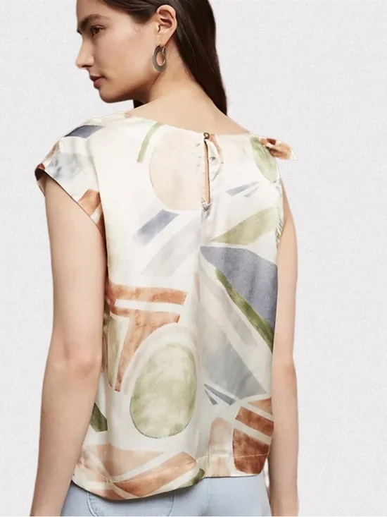 Anthro Maeve 100% Silk Geometric Tie Shoulder Blouse XS Boho - Picture 2 of 8